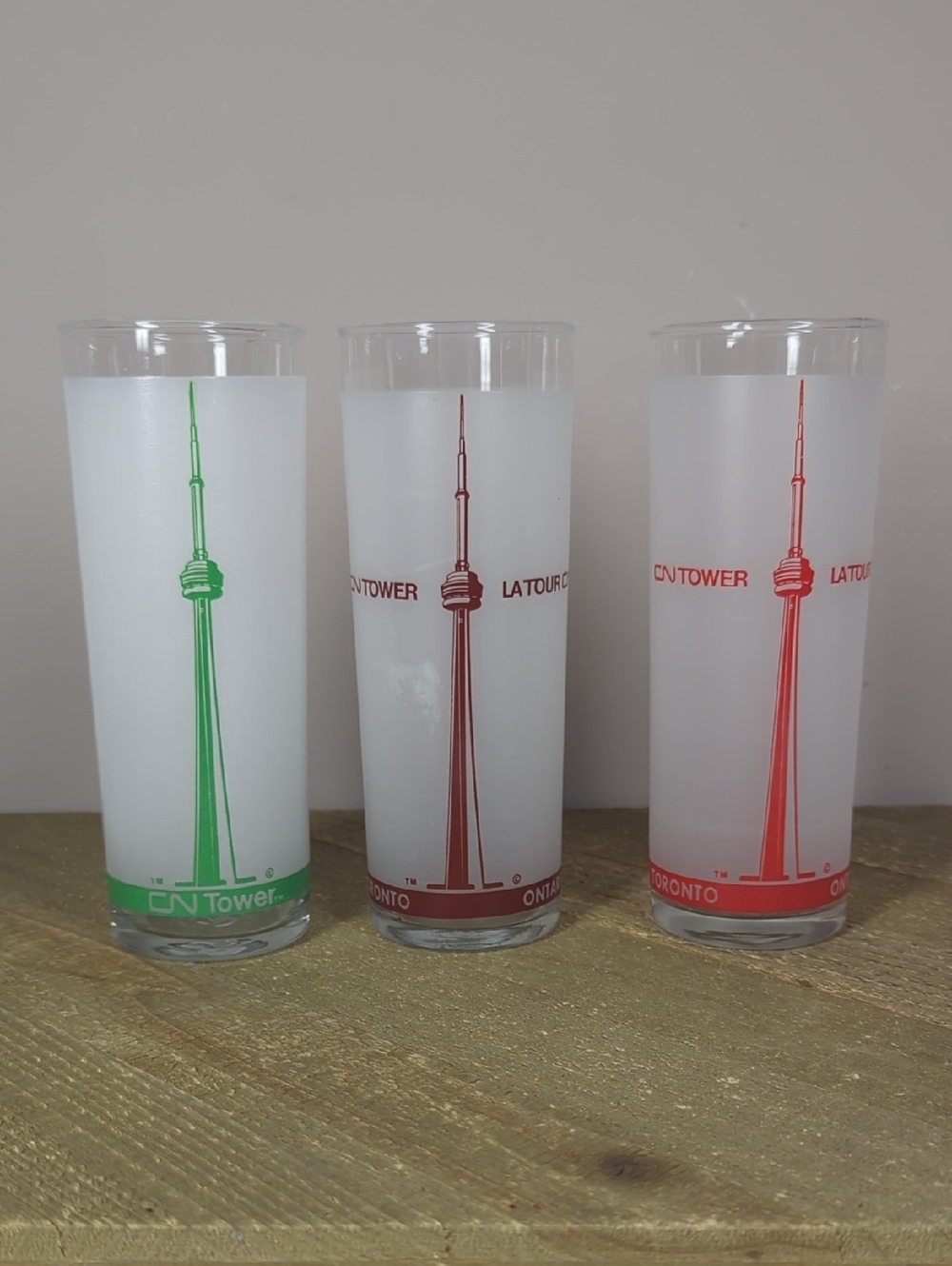 Set of 3 CN Tower Souvenir Glasses - Green, Brown, Red